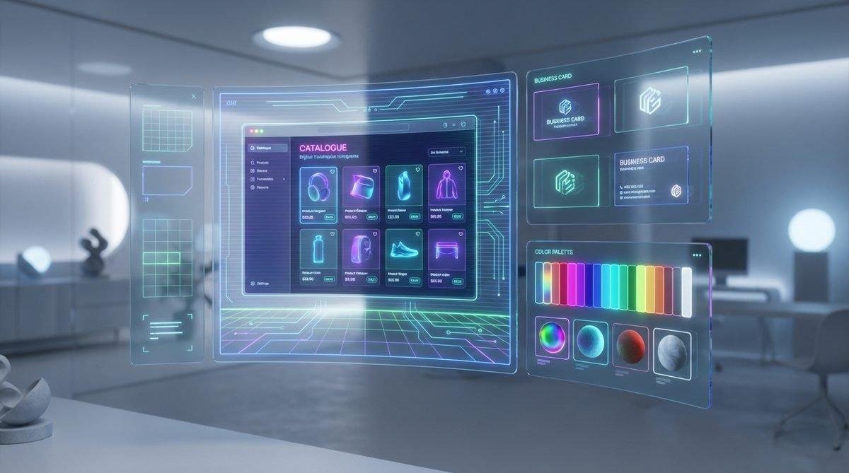 Giao diện công nghệ cao hiển thị các mẫu thiết kế in ấn, minh họa dịch vụ thiết kế in ấn uy tín và chuyên nghiệp.