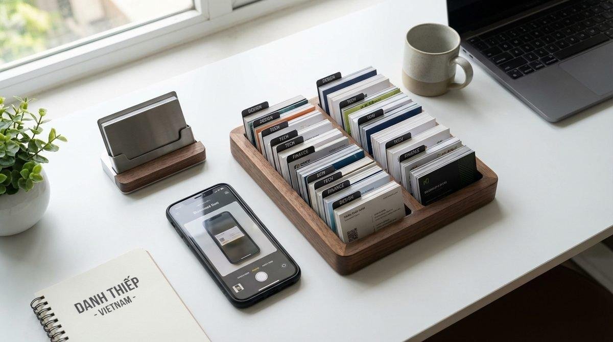 Hệ thống quản lý danh thiếp hiệu quả và hiện đại trong môi trường văn phòng.