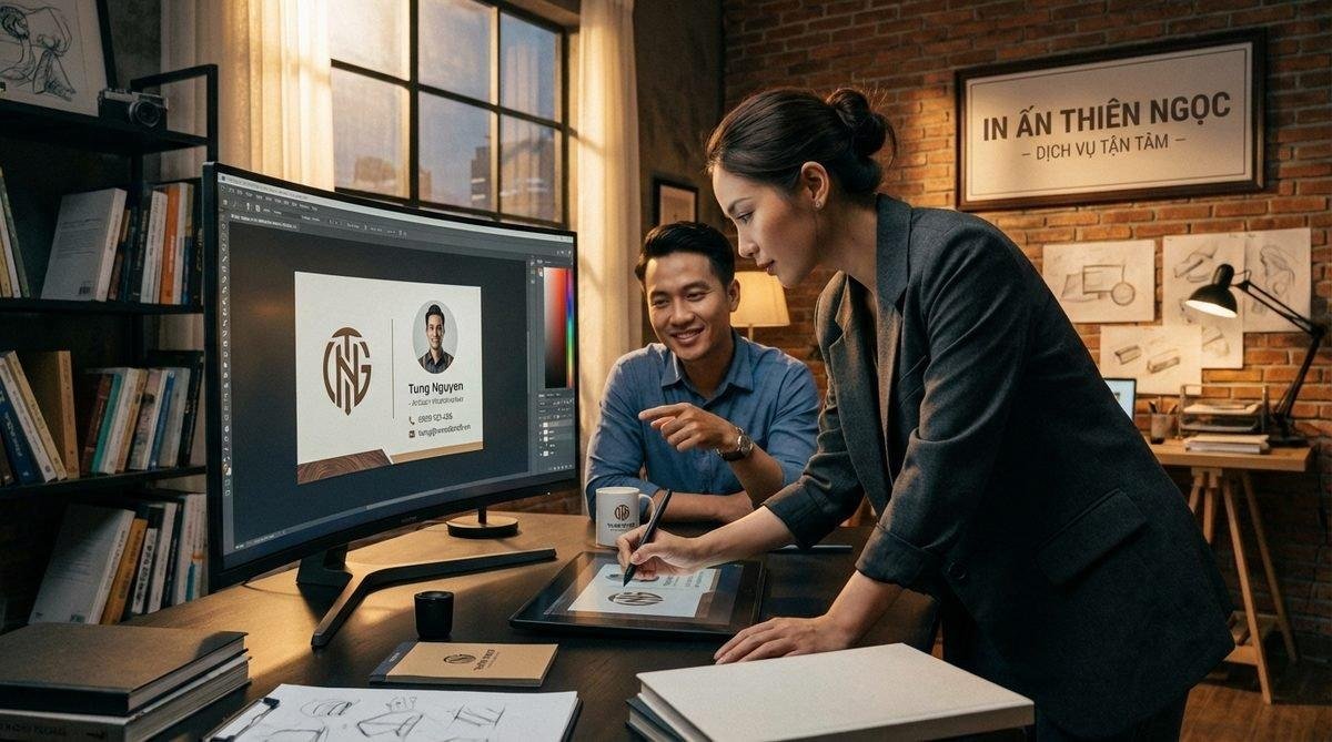 Nhân viên In Ấn Thiên Ngọc tư vấn và thiết kế in danh thiếp số lượng ít theo yêu cầu khách hàng chuyên nghiệp.