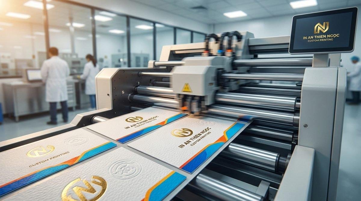 Quy trình in danh thiếp theo yêu cầu chất lượng cao tại nhà máy của In Ấn Thiên Ngọc, đảm bảo sắc nét từng chi tiết.