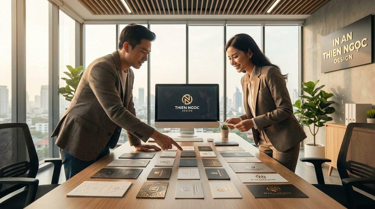 Chuyên gia In Ấn Thiên Ngọc tư vấn thiết kế in danh thiếp theo yêu cầu độc đáo cho khách hàng.
