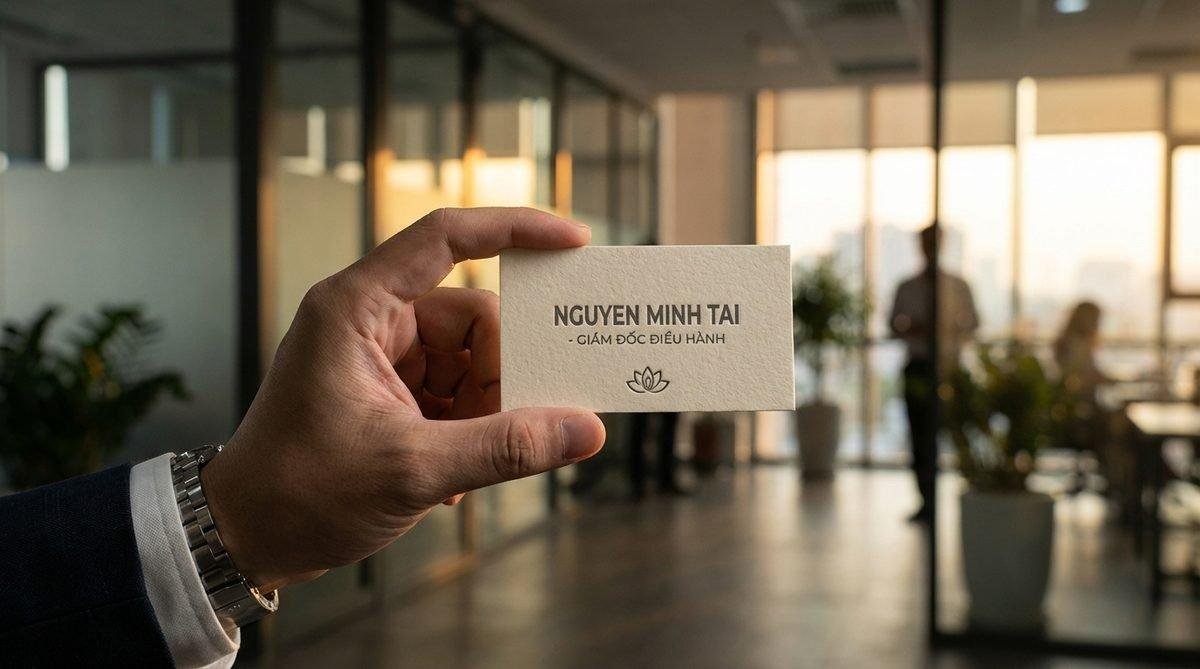 Người chuyên nghiệp cầm trên tay danh thiếp với kích thước danh thiếp chuẩn của In Ấn Thiên Ngọc.