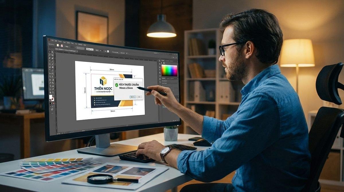 Chuyên gia của In Ấn Thiên Ngọc đang thiết kế để đạt kích thước danh thiếp chuẩn.