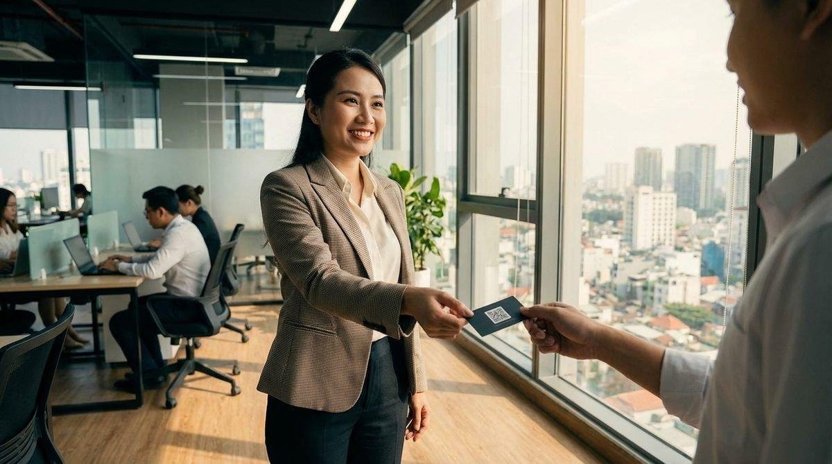 Chuyên gia kinh doanh trao danh thiếp có Mã QR trên danh thiếp hiện đại.