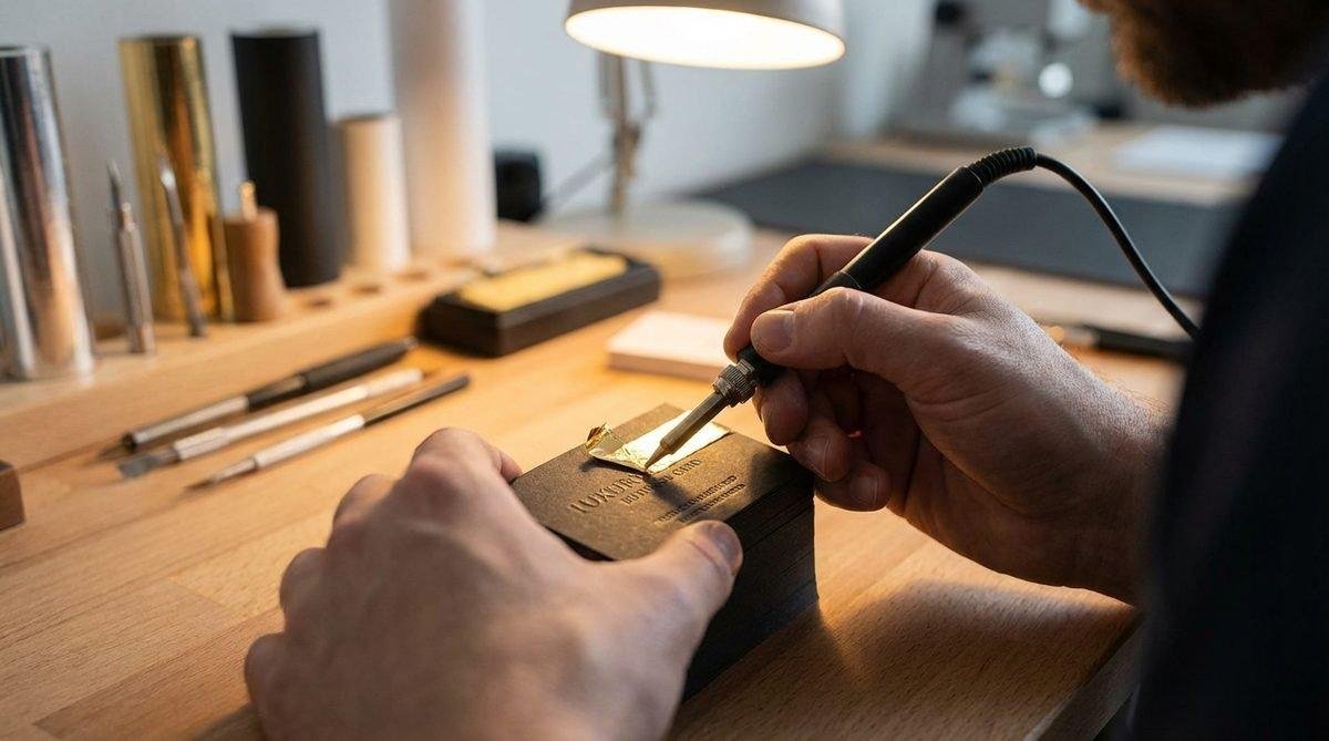 Quy trình ép kim tạo điểm nhấn sang trọng cho dịch vụ gia công danh thiếp tại In Ấn Thiên Ngọc.