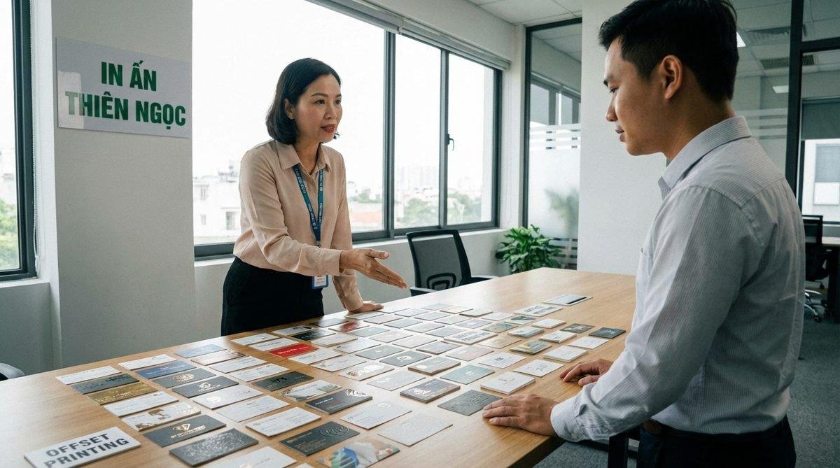 Chuyên gia của In Ấn Thiên Ngọc tư vấn khách hàng về các mẫu danh thiếp in offset và kỹ thuật số, giúp họ đưa ra lựa chọn tối ưu sau khi so sánh in danh thiếp.