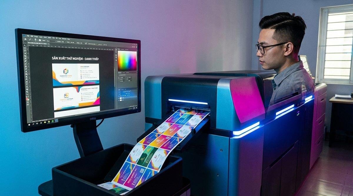 Máy in kỹ thuật số tiên tiến đang in nhanh danh thiếp cá nhân hóa, thể hiện sự linh hoạt trong việc so sánh in danh thiếp tại In Ấn Thiên Ngọc.