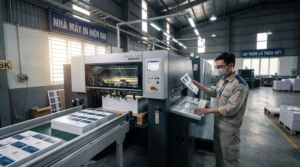 Máy in offset hiện đại đang sản xuất danh thiếp chất lượng cao, minh họa quy trình so sánh in danh thiếp tại In Ấn Thiên Ngọc.