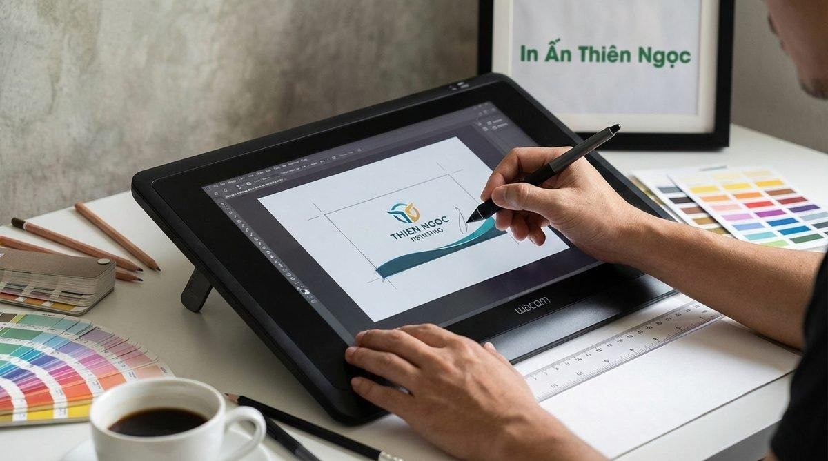 Chuyên gia In Ấn Thiên Ngọc đang thực hiện thiết kế danh thiếp độc đáo với sự tỉ mỉ và sáng tạo.