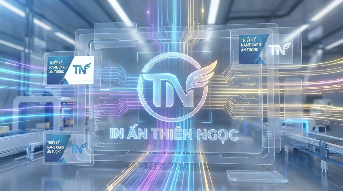 Logo In Ấn Thiên Ngọc trong bối cảnh công nghệ cao, tượng trưng cho quy trình sáng tạo và chất lượng vượt trội trong Thiết Kế Name Card Ấn Tượng.