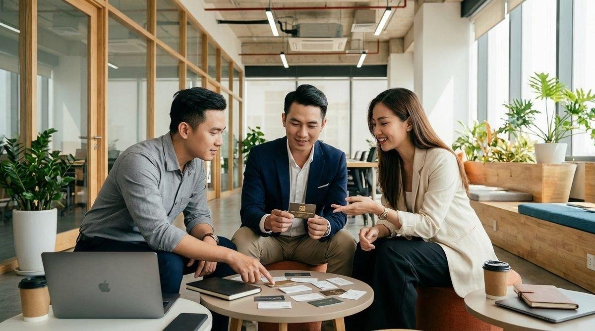 Nhóm doanh nhân Việt Nam đang xem xét các mẫu danh thiếp chuyên nghiệp, thảo luận về hiệu quả truyền thông của chúng, năm 2026.