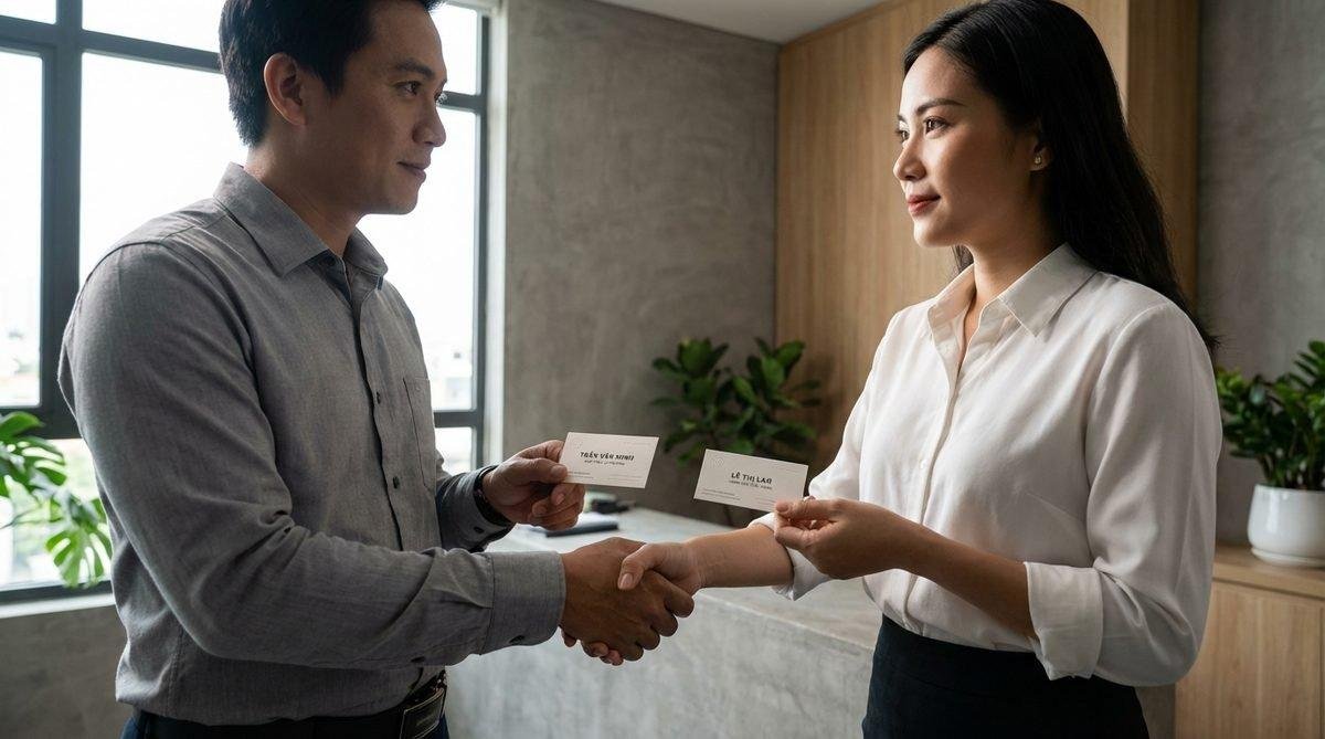 Hai chuyên gia trao đổi danh thiếp chuyên nghiệp trong một sự kiện kết nối kinh doanh tại Việt Nam, năm 2026.