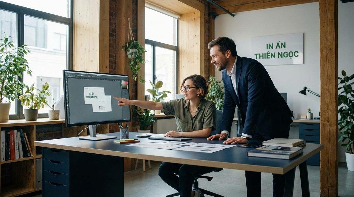 Chuyên gia thiết kế của In Ấn Thiên Ngọc đang hỗ trợ khách hàng trong quy trình đặt in danh thiếp.