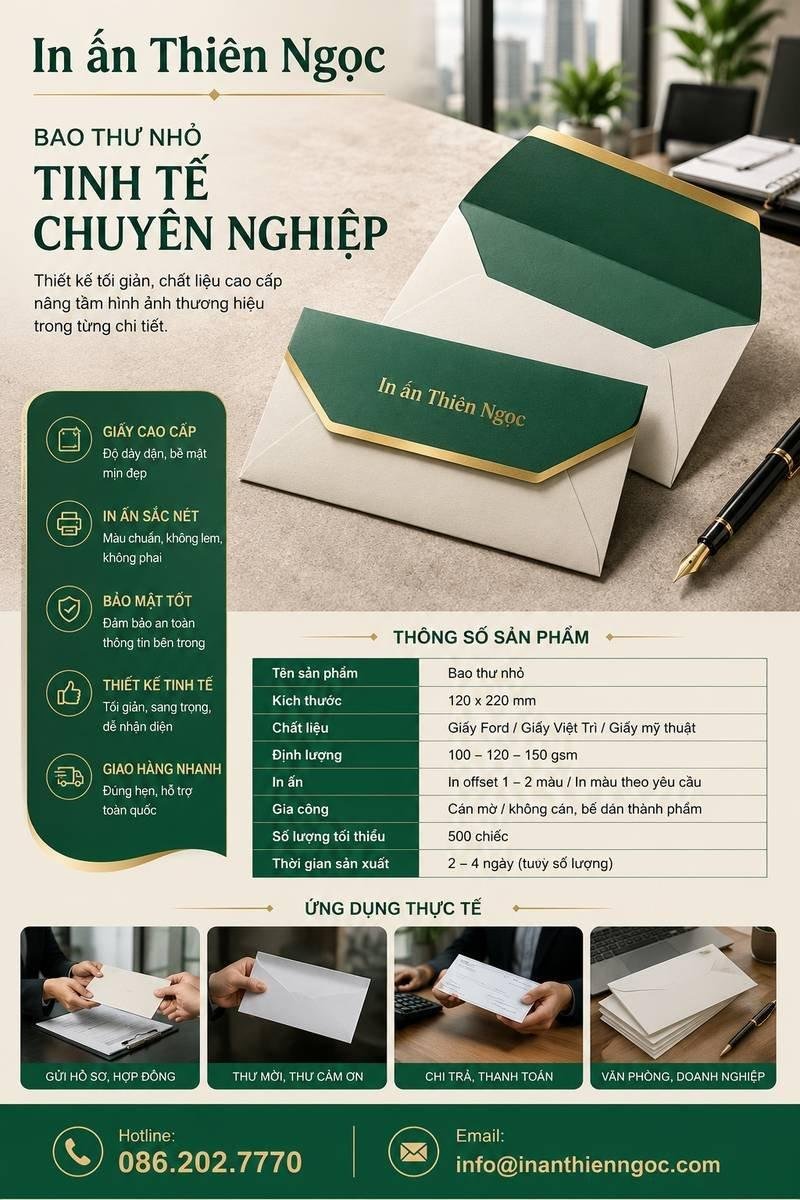 Sản phẩm bao thư nhỏ được in ấn sắc nét và chuyên nghiệp tại In Ấn Thiên Ngọc