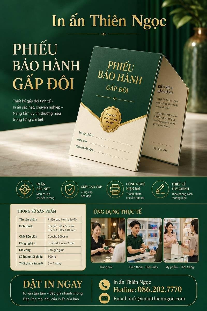 Mẫu thiết kế phiếu bảo hành gấp đôi cao cấp được sản xuất chuyên nghiệp bởi In Ấn Thiên Ngọc
