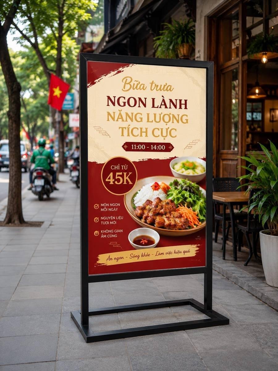 Mẫu Standee chân sắt chữ H ngoài trời được thiết kế chuyên nghiệp bởi In Ấn Thiên Ngọc