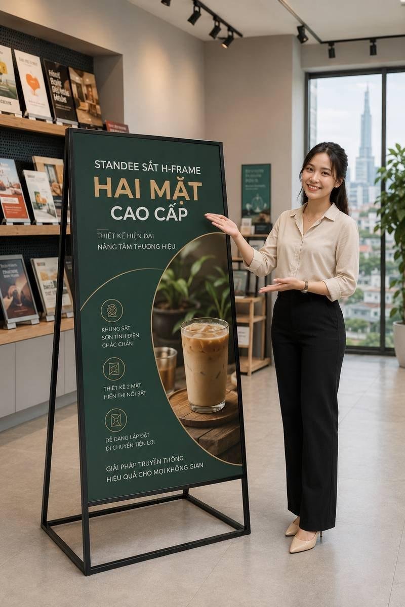 Standee chân sắt chữ H trưng bày sang trọng do In Ấn Thiên Ngọc sản xuất
