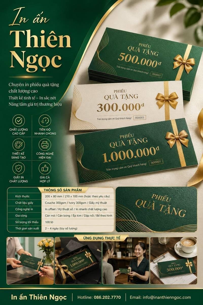 Mẫu phiếu quà tặng giá rẻ chất lượng cao được in ấn chuyên nghiệp tại In Ấn Thiên Ngọc.