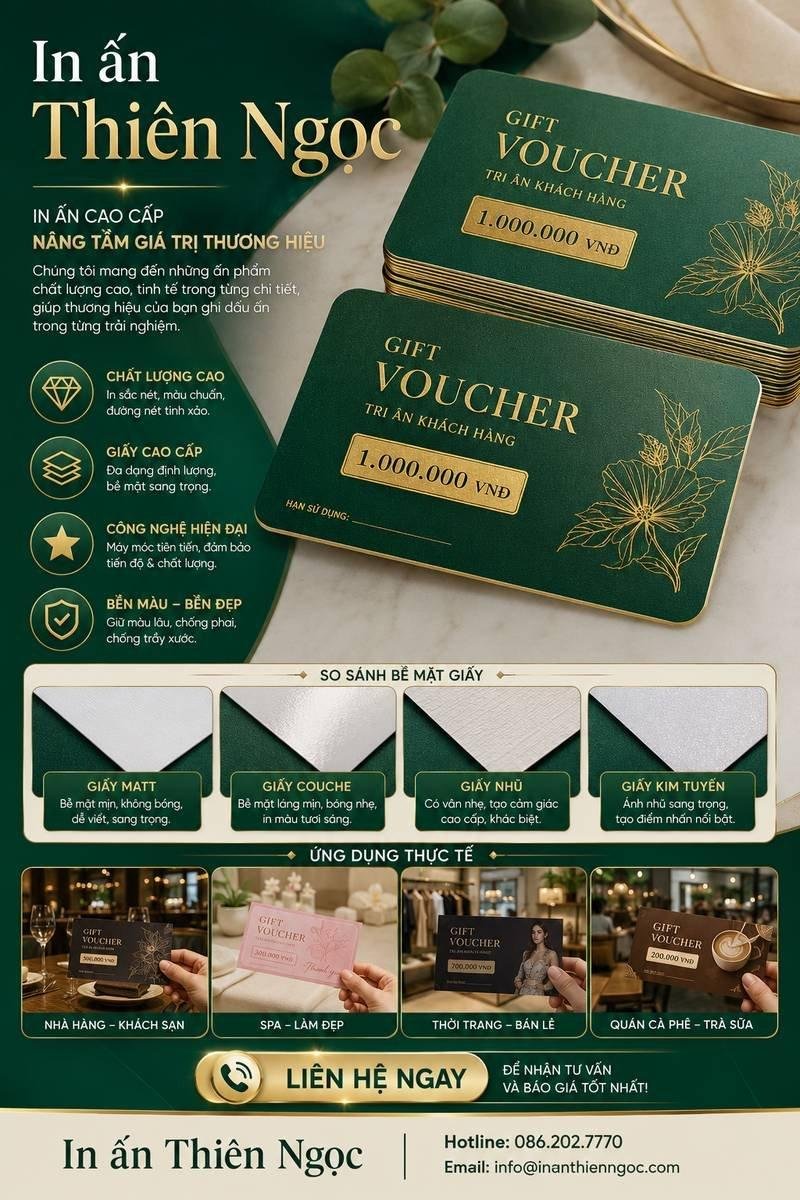 Dịch vụ in phiếu quà tặng giá rẻ lấy ngay thiết kế sang trọng tại In Ấn Thiên Ngọc.