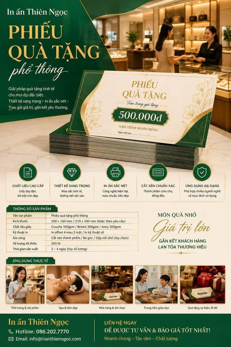 Thiết kế phiếu quà tặng phổ thông chuyên nghiệp và độc đáo của In Ấn Thiên Ngọc