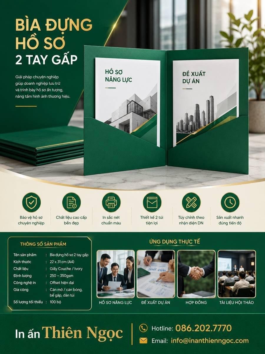 Mẫu thiết kế bìa đựng hồ sơ 2 tay gấp cao cấp sắc nét thực hiện bởi In Ấn Thiên Ngọc