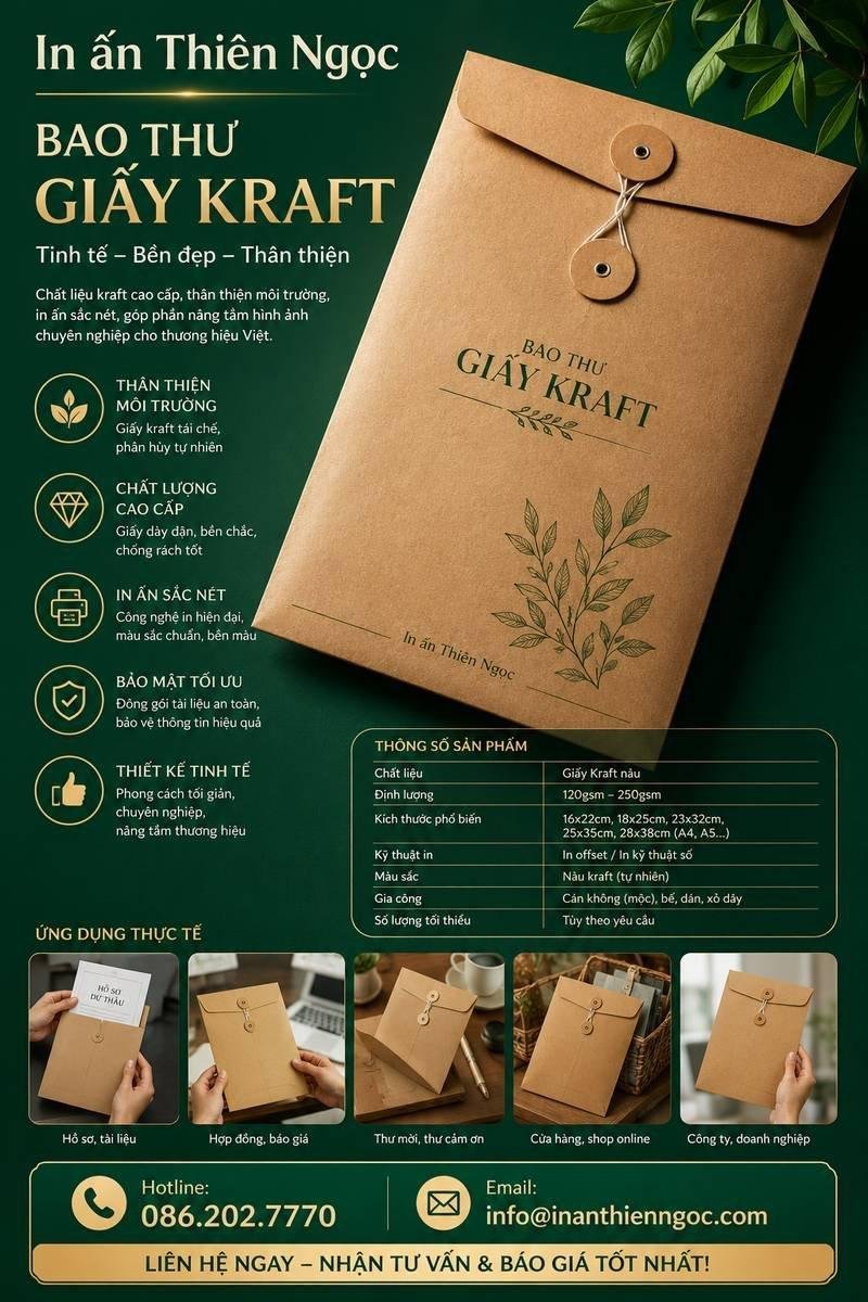 Mẫu bao thư giấy Kraft cao cấp được thiết kế và in ấn chuyên nghiệp bởi In Ấn Thiên Ngọc
