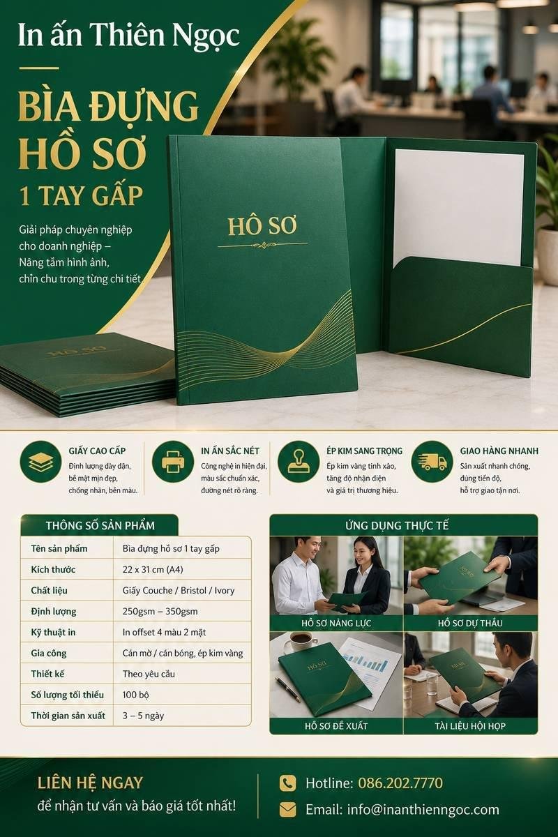 Mẫu bìa đựng hồ sơ 1 tay gấp cao cấp thiết kế bởi In Ấn Thiên Ngọc